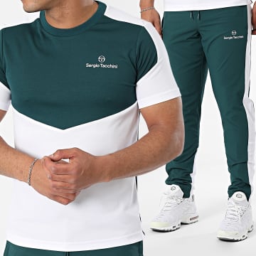 Sergio Tacchini - Giardino 41003 41005 Conjunto de camiseta y pantalón de chándal verde oscuro y blanco
